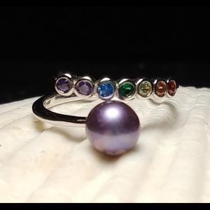SOLD Sterling silver Pearl and rainbow Cz ring